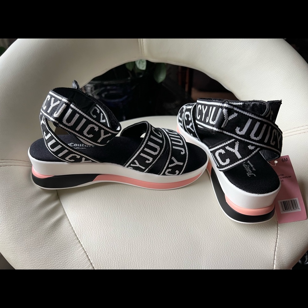 Juicy Couture Impulse Wedge Sandals Strappy Ankle Logo Sz 6 Black White Pink NEW - Picture 8 of 10